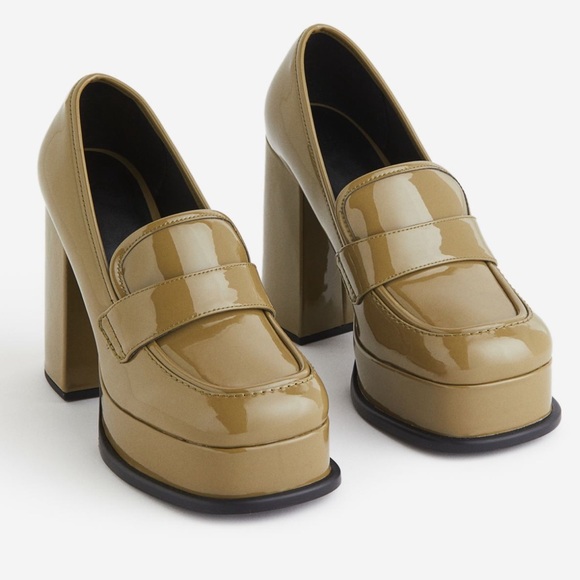 SOLD OUT NWT H&M PLATFORM HEELED LOAFERS OLIVE GREEN SIZE 7 - Picture 1 of 7